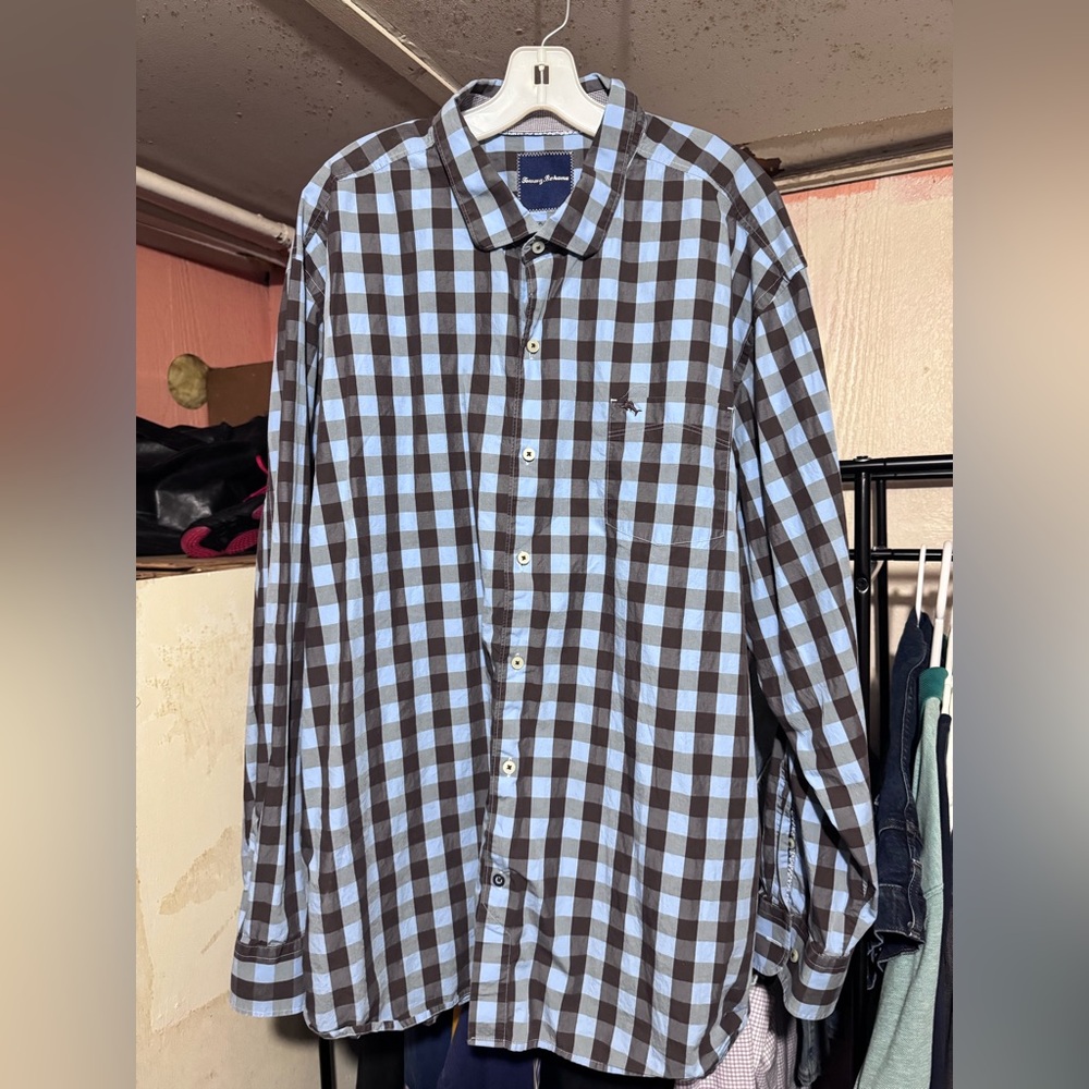 Tommy Bahama Men’s 3XL Check Button Up Shirt Blue Brown Pima Cotton Pocket